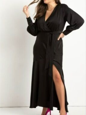 NWT Eloquii Black Satin Long-Sleeve Wrap Maxi Dress with Side Slit